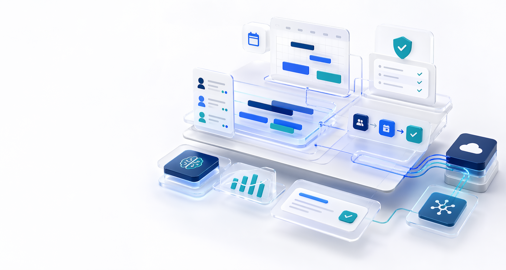 Abstract JobCore platform illustration showing workforce operations, integrations, compliance, and AI orchestration